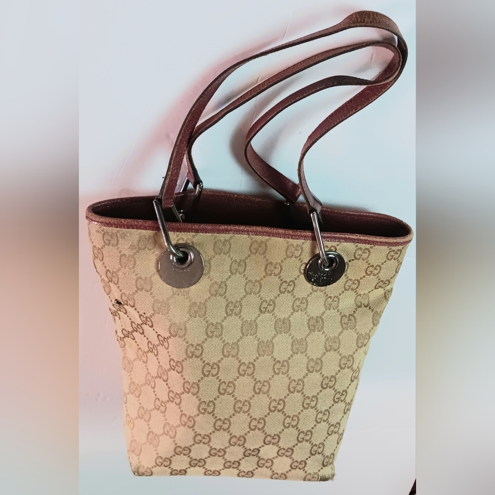 GUCCI GG Large Signature Tote Bucket Bag Brn/Burgundy, Leather/Canvas, ,PREOWNED